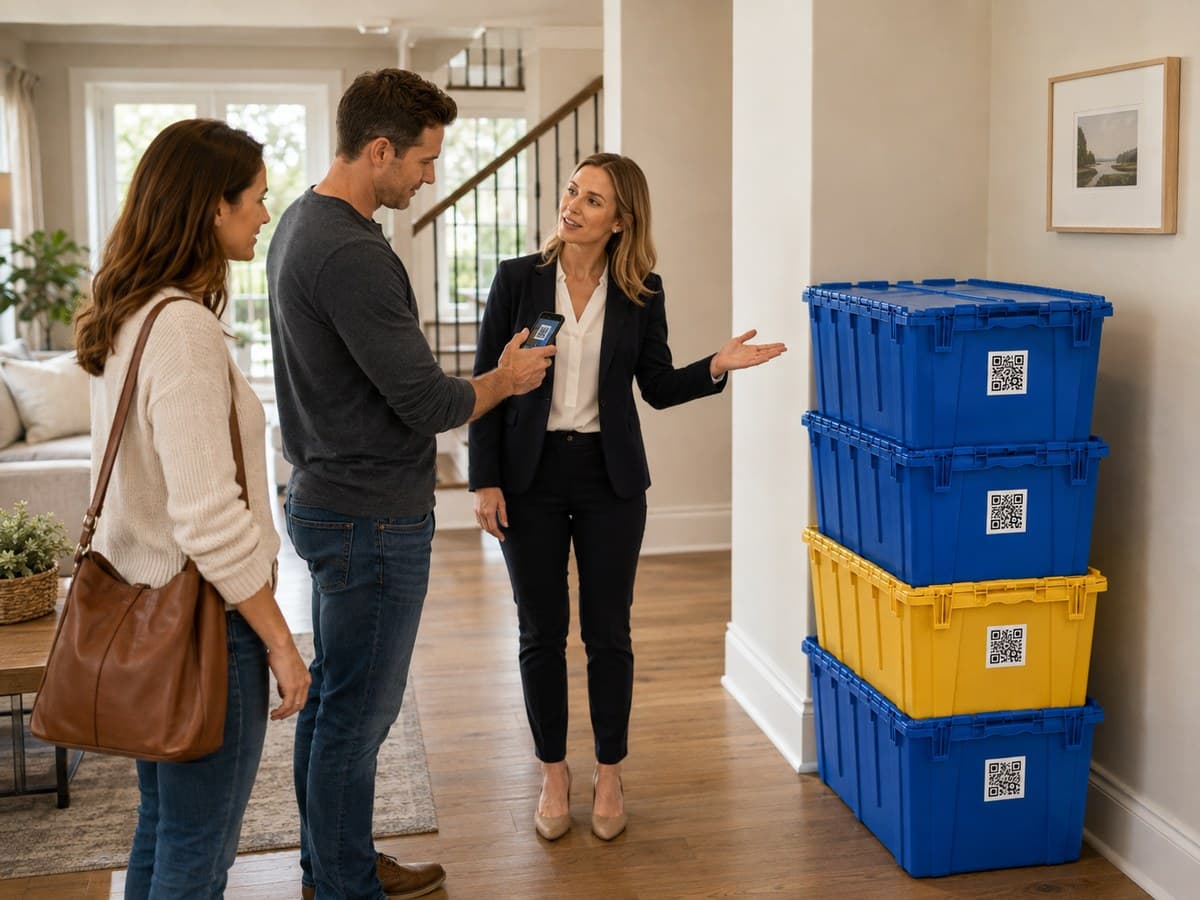 A real-estate agent showing a couple a stack of Loaner Totes, each carrying a QR code.