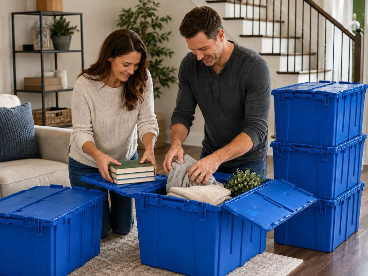 A couple packing books and a sweater into blue Loaner Totes in their living room.